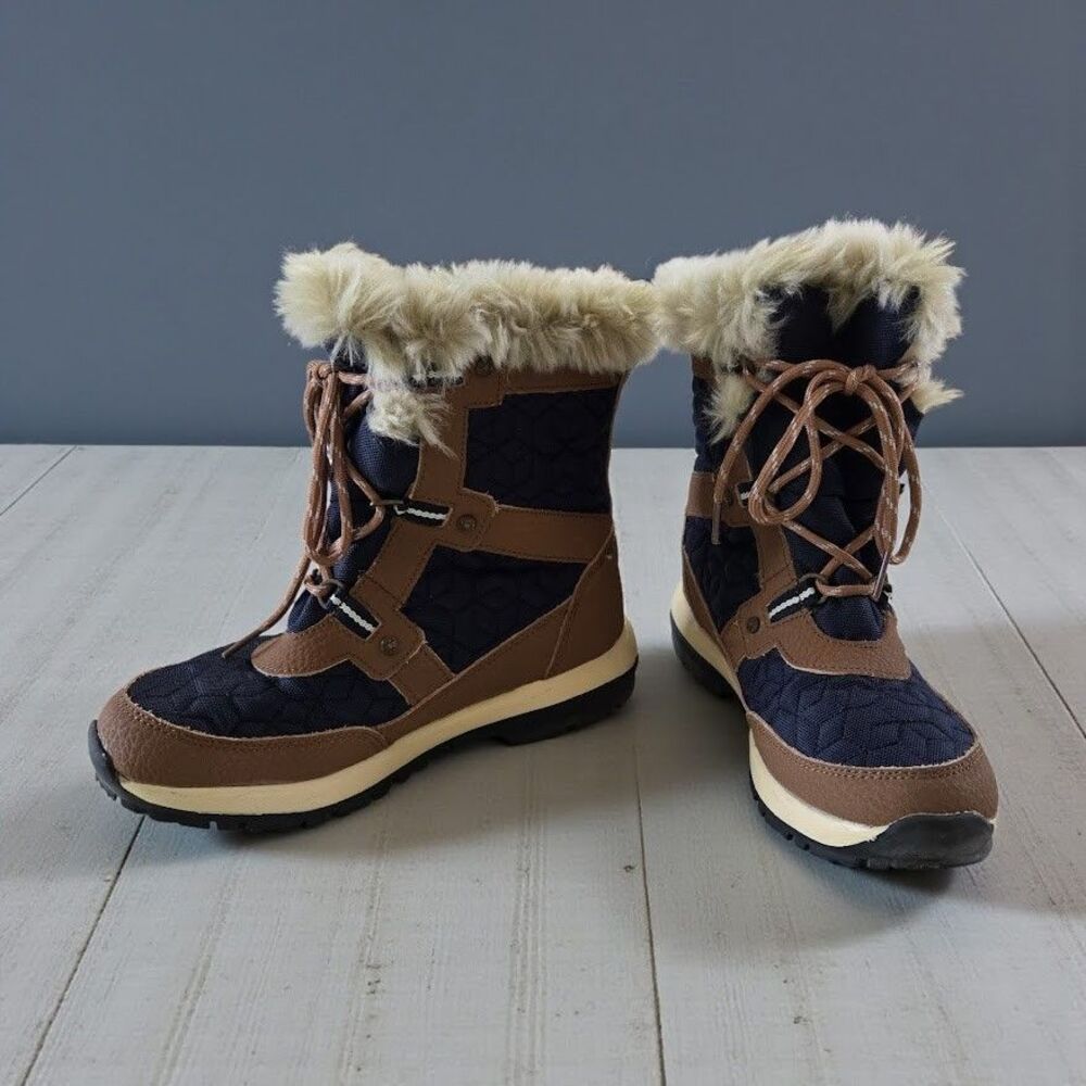 Ladies 7 Bearpaw Marina Snow Boots Waterproof Quilted Navy BRN Leather Faux Fur - Picture 13 of 13
